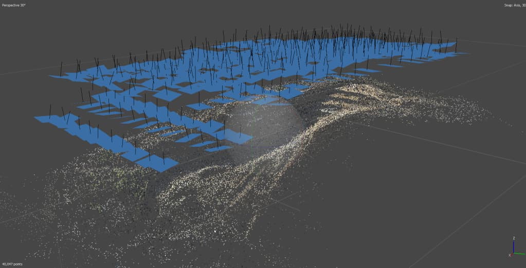Nube de puntos dispersa real en Agisoft Metashape: 40.047 puntos del terreno con las posiciones de cámara del vuelo