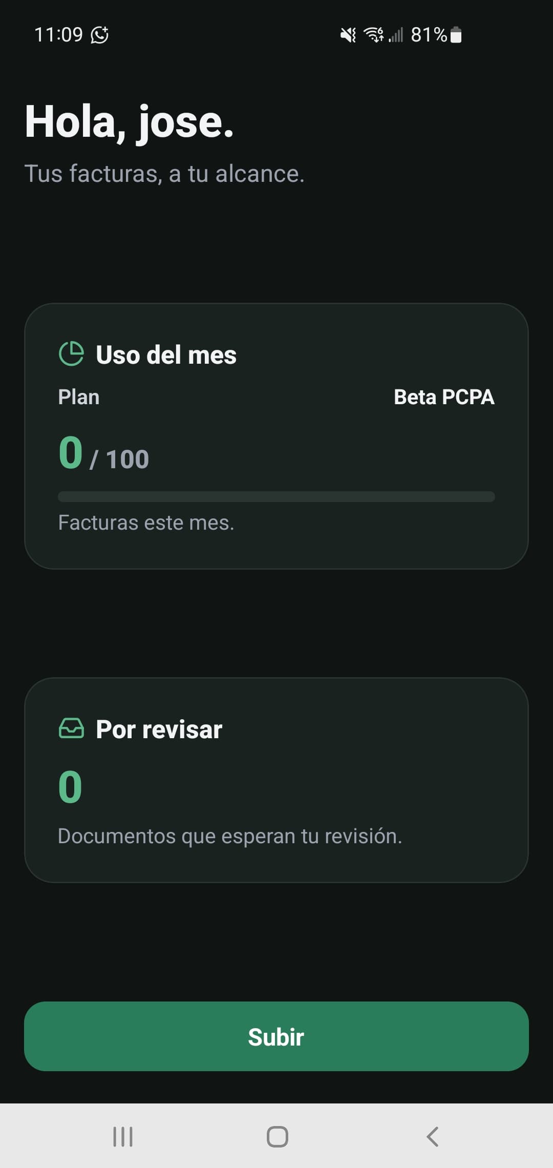 Pantalla de inicio de PCPA con uso del mes y documentos por revisar