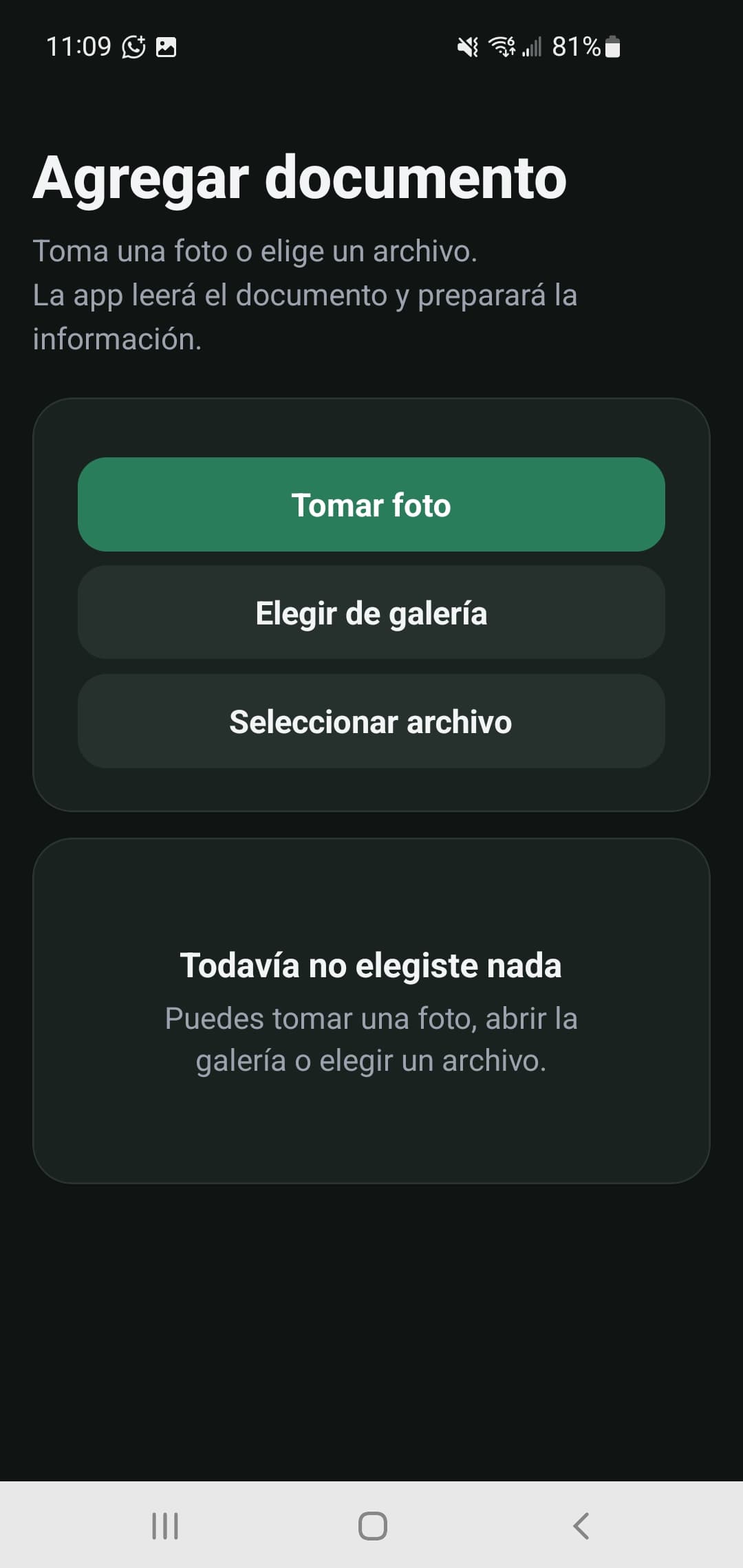 Pantalla de PCPA para agregar un documento con foto, galería o archivo